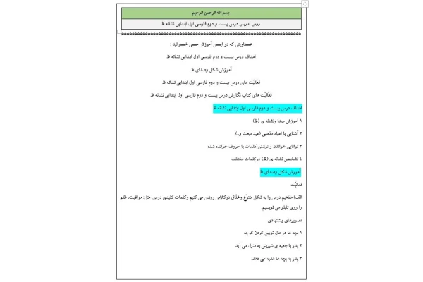 روش تدریس درس بيست و دوم فارسی اول ابتدایی نشانه ظ