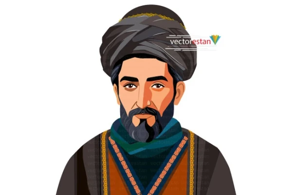 وکتور مرد حکیم جوان ایرانی با عمامه و عبا لباس قدیمی و سنتی