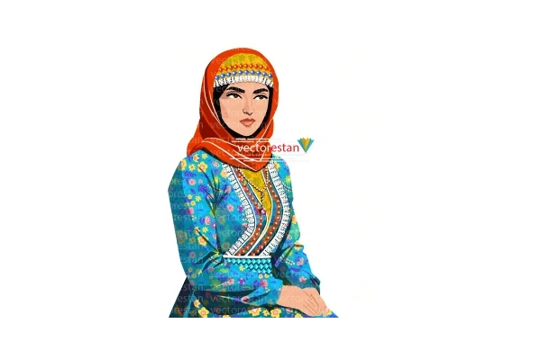 وکتور خانم محجبه با لباس سنتی و محلی طرحدار ایرانی