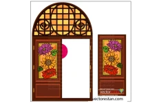 وکتور درب و پنجره چوبی ایرانی سنتی با شیشه های رنگی 888