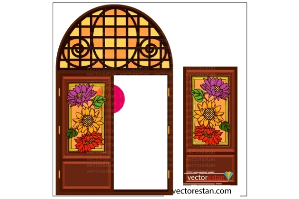 وکتور درب و پنجره چوبی ایرانی سنتی با شیشه های رنگی 888
