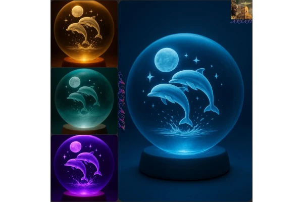 پک ۴تایی وکتور رئال گوی شیشه ای با طرح دلفین و ماه | با جلوه های نوری خاص