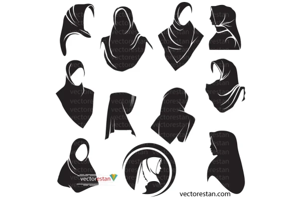 مجموعه وکتور 11(یازده) لوگو حجاب زن طرح سیاه و سفید