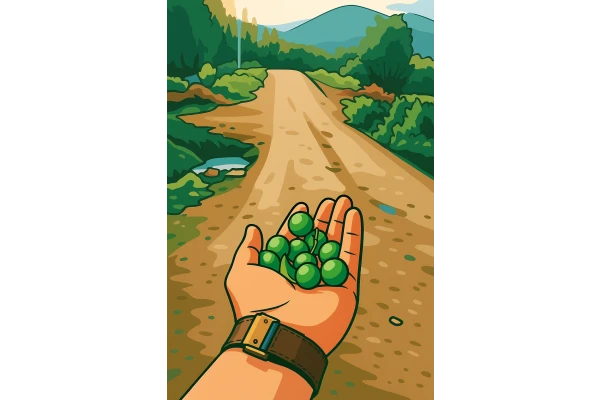 Hand holding green fruits on a country road - Vector illustration