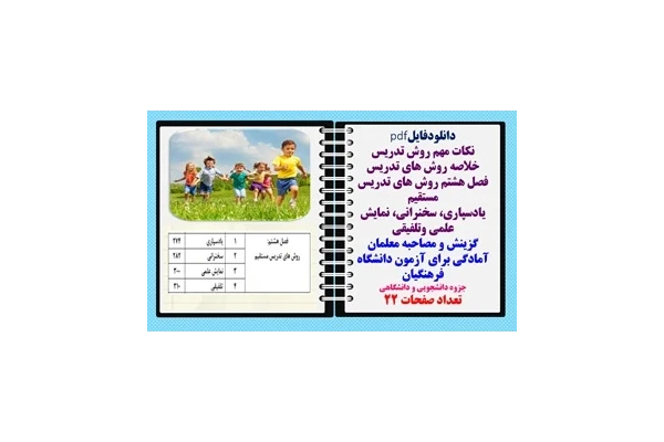 خلاصه روش های تدریس فصل هشتم روش های تدریس  مستقیم یادسپاری، سخنرانی، نمایش علمی وتلفیقی گزینش و مصاحبه معلمان
