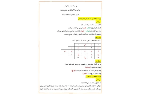 پاسخ سوالات نگارش ششم ابتدایی درس یازدهم (شهدا خورشیدند)