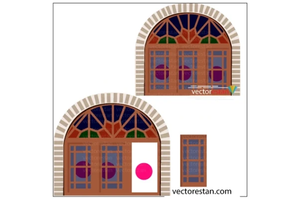 وکتور در ایرانی سنتی بهمراه طرح آجر بغل پنجره و درب چوبی