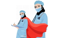 طرح وکتور پرستار زن ایرانی با حجاب با ماسک و شنل قرمز