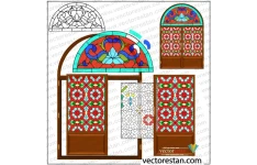 وکتور درب و پنجره چوبی ایرانی سنتی با شیشه های رنگی 730