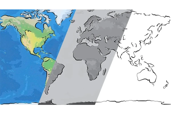 نقشه مینیمال و ساده شده کره زمین در سه لایه: رنگی، سیاه و سفید و خطی