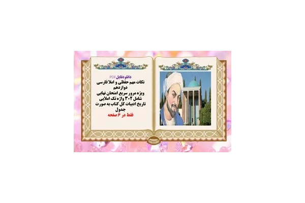 نکات مهم‌ حفظی و املا فارسی دوازدهم شامل 302 واژه تک املایی وتاریخ ادبیات