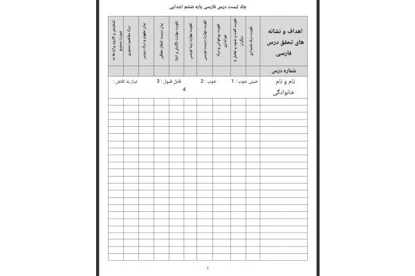 چک لیست گروهی فارسی ششم دبستان