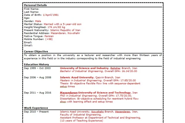 نمونه رزومه علمی استاندارد به زبان انگلیسی