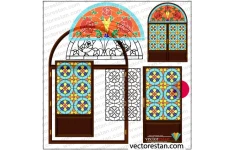 وکتور درب و پنجره چوبی ایرانی سنتی با شیشه های رنگی 729