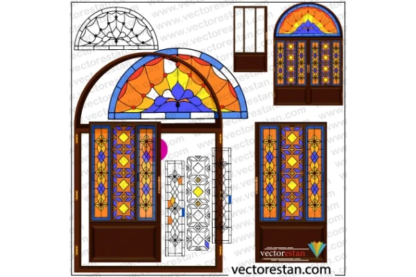 وکتور درب و پنجره چوبی ایرانی سنتی با شیشه های رنگی 731