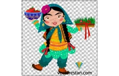 طرح دختربچه با لباس سنتی و بومی محلی ایرانی و سبزه نوروز
