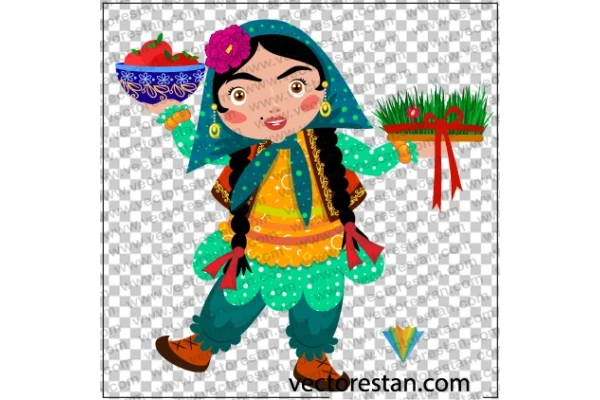 طرح دختربچه با لباس سنتی و بومی محلی ایرانی و سبزه نوروز