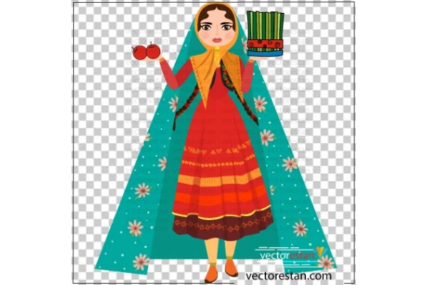 png دختر ایرانی با لباس سنتی و چادر رنگی و سبزه به دست