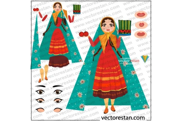 وکتور زن ایرانی با چادر رنگی و لباس سنتی و سبزه نوروز
