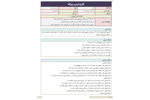 طرح درس روزانه درس دوم قرآن پایه ششم دبستان