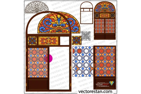 وکتور درب و پنجره چوبی ایرانی سنتی با شیشه های رنگی 732