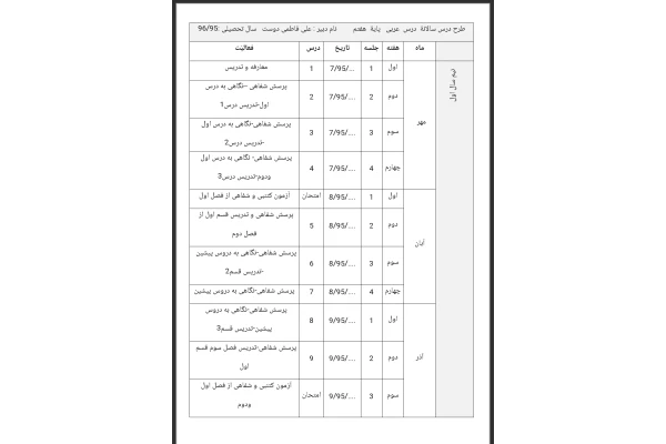 طرح درس سالانه عربی پایه هفتم